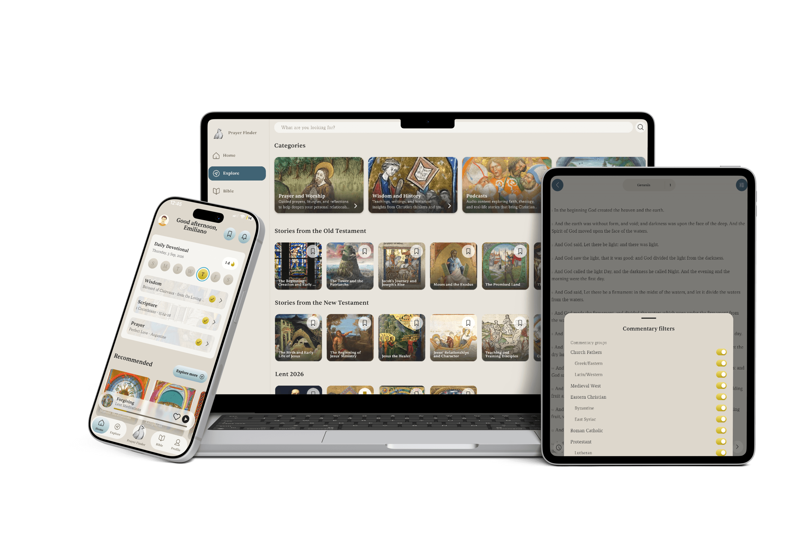 FaithWave on desktop, tablet and mobile: the explore catalogue on a laptop, the bible with commentary filters on a tablet and the read-along audio player on a phone